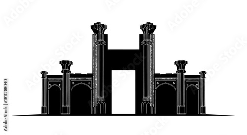 Detailed black silhouette of an ornate architectural structure with columns and arches, resembling a grand gate or building facade against a white background.