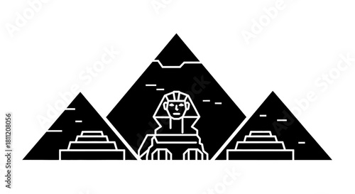 Stylized black and white illustration of the Great Sphinx of Giza with three ancient Egyptian pyramids in the background.