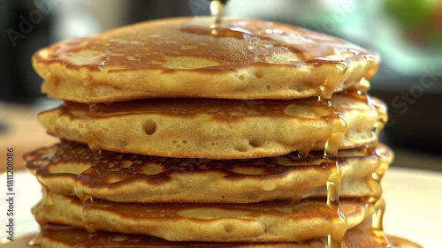 Stack of pancakes with syrup drizzling in close-up shot, kitchen setting, food concept