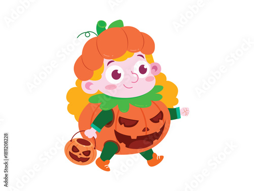 Child in a cute pumpkin Halloween costume with matching candy bucket.