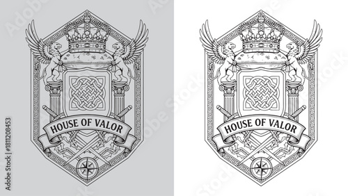 House of Valor Hexagonal Crest with Griffins, Crown, and Celtic Knot Shield