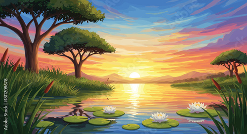 Peaceful sunset over tranquil lake with lily pads, water lilies, cattails, trees, and vibrant orange pink purple sky