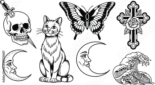 Stylized vector set of black and white tattoo icons including skull dagger, butterfly, cross rose, moons, cat, and wave