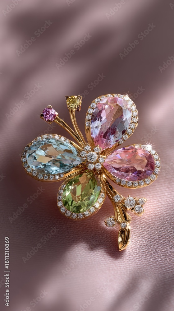 Naklejka premium Gemstone flower brooch with gold and diamond accents on pink fabric
