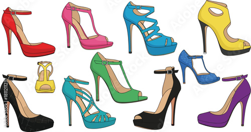 Stylized vector set of colorful high-heeled shoes with platform heels, ankle straps, peep toes, and fashion-forward designs