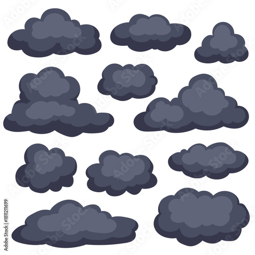 A collection cartoon storm clouds in various shapes and sizes