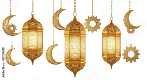 Golden ramadan lanterns and moons with stars isolated on transparent background