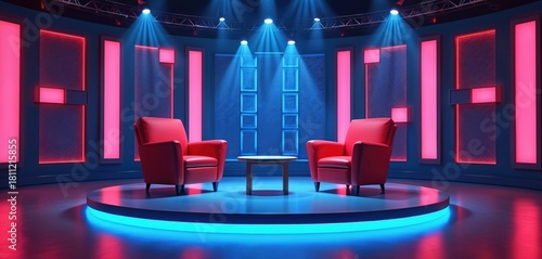 Empty modern tv studio show stage set for recording talk show. Red armchairs stand on illuminated blue round platform. Spotlights shine on space. Setup for tv show ambience.