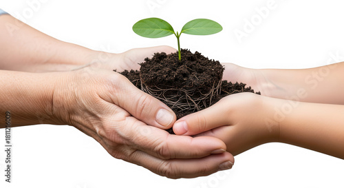 Adult and child hands holding young plant with soil isolated on transparent background