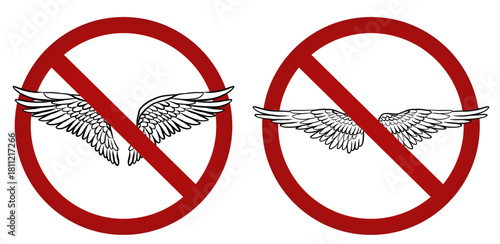 Vector collection of prohibitory signs with bird wings. It s forbidden to fly and be free. Set of angel wings in a prohibition sign