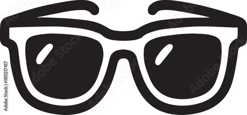 A sleek minimalist illustration of a pair of sunglasses, presented in a clean, high-contrast, black and white style. It embodies coolness, fashion, and summer vibes.