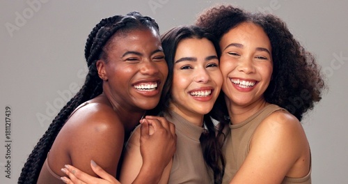 Photos Happy women, portrait or hug with beauty, diversity or skin tone for cosmetics on studio background