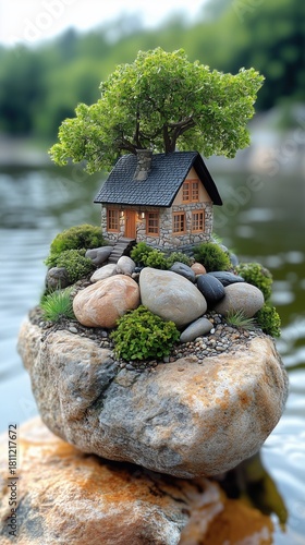 Miniature House and Tree on Floating Stone by Water