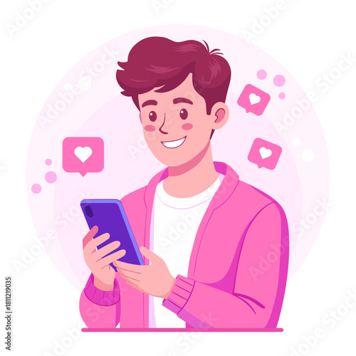 Engaging young man interacting on social media with a mobile device, spreading positivity and connection, fostering community and sharing heartfelt messages
