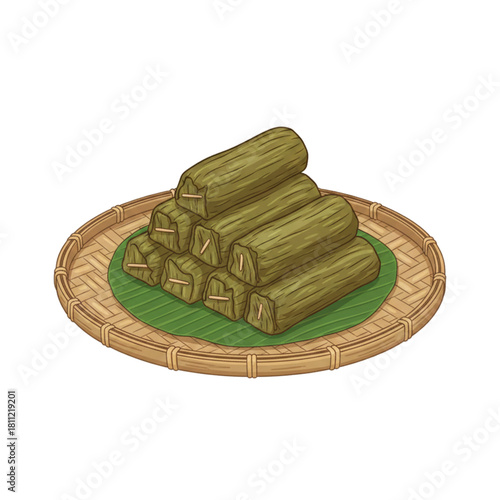 
"Lemper" is a traditional Indonesian food made from sticky rice filled with meat and wrapped in banana leaves. Isolated on a white background.