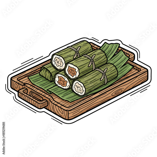 Arem arem wrapped in banana leaves on a wooden tray. Isolated on a white background.