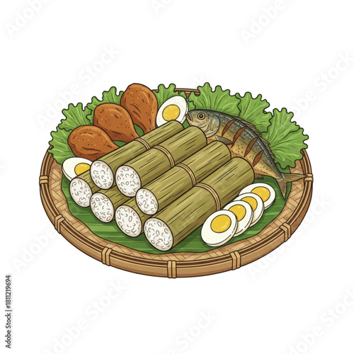 The lontong menu is wrapped in banana leaves on a bamboo tray with side dishes of sliced ​​eggs, grilled fish and pieces of chicken. Isolated on a white background.
