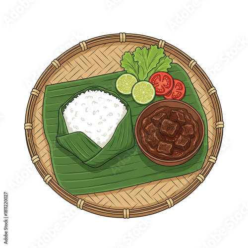 
White rice menu wrapped in banana leaves on a bamboo tray with rendang meat side dish in a bowl. Isolated on a white background.