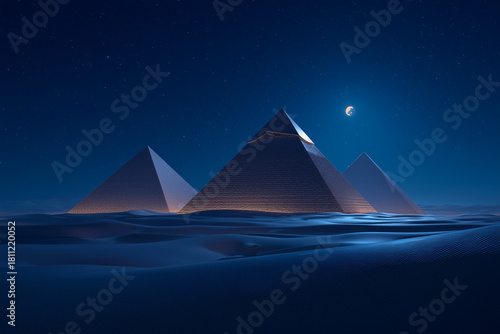 AI-generated image - A dramatic night view of the pyramids illuminated by warm lights under a clear starry sky, creating a mysterious and cinematic desert atmosphere.