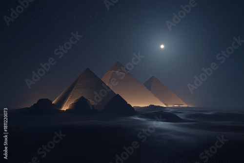 AI-generated image - A dramatic night view of the pyramids illuminated by warm lights under a clear starry sky, creating a mysterious and cinematic desert atmosphere.