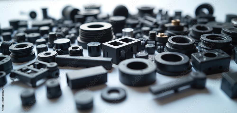 Fototapeta premium Scattered assortment of black plastic injection molded parts. Various shapes and sizes of precision components for industry, engineering, and manufacturing. Production elements on white background.