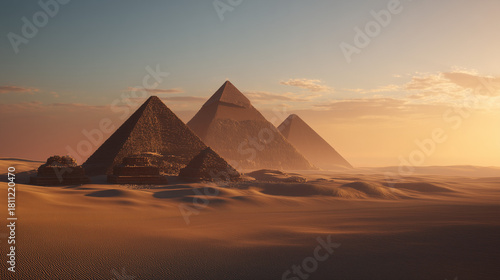 AI-generated image - A stunning view of ancient pyramids rising from golden desert dunes under warm sunset light, showcasing dramatic shadows, vast landscapes, and timeless architectural beauty.