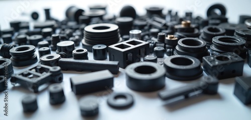 Scattered assortment of black plastic injection molded parts. Various shapes and sizes of precision components for industry, engineering, and manufacturing. Production elements on white background.