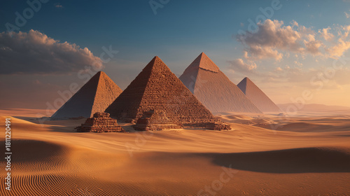 AI-generated image - A stunning view of ancient pyramids rising from golden desert dunes under warm sunset light, showcasing dramatic shadows, vast landscapes, and timeless architectural beauty.