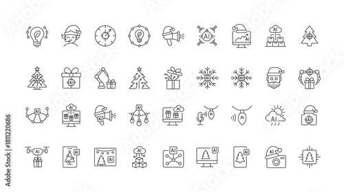 A set of vector icons representing AI-powered digital Christmas technologies, featuring smart gifts, virtual decorations, and seasonal retail tools, created in line style with editable stroke