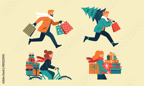 Christmas Shopping Rush — Flat Winter Holiday Shopping Illustration