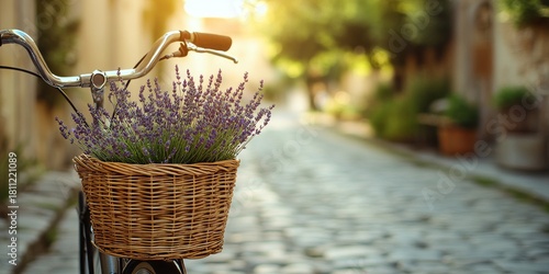 Fototapeta Naklejka Na Ścianę i Meble -  Lavender bouquet in bicycle basket on cobblestone street in french village at sunset