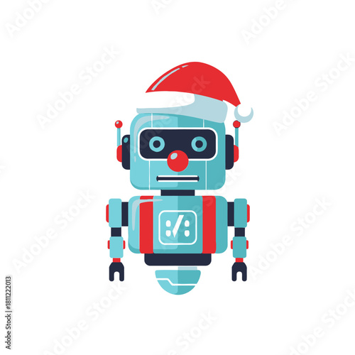 Festive automaton evokes holiday spirit with cheerful robotic expression and seasonal hat