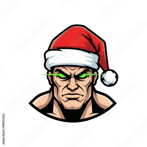 Festive strength: a muscular character donning a santa hat with glowing green eyes and laser beams