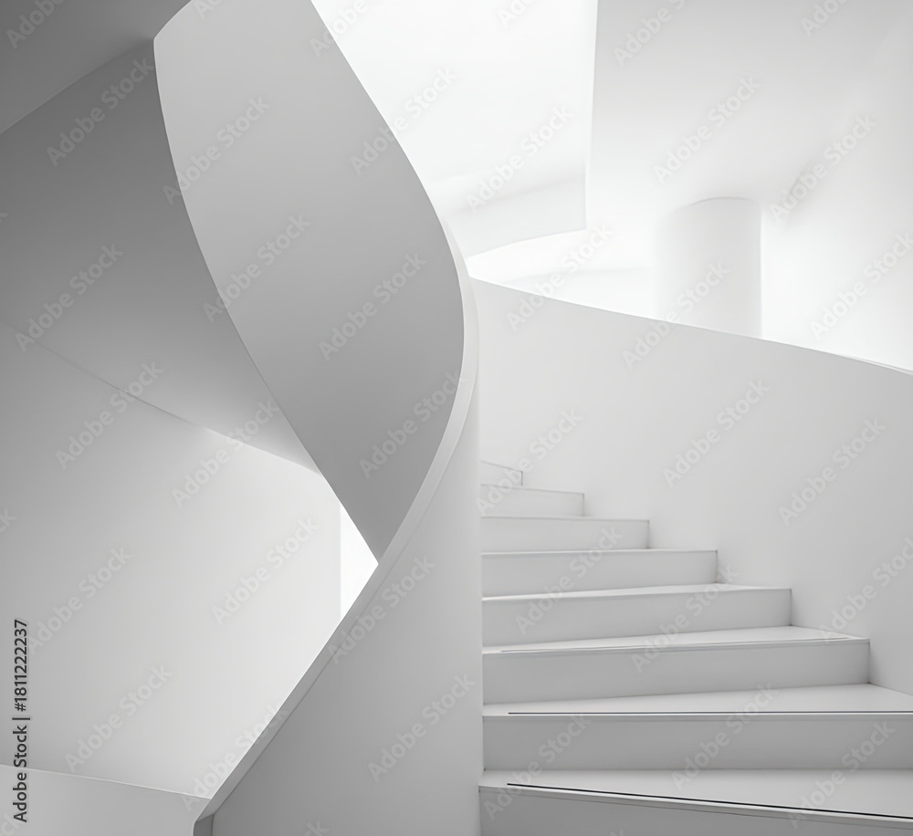 Fototapeta premium Close up of a modern spiral staircase with white steps and walls in an indoor environment