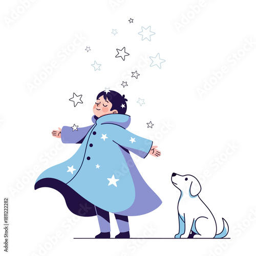 Enchanting childlike wonder a magical moment shared with a loyal dog companion under starry sky