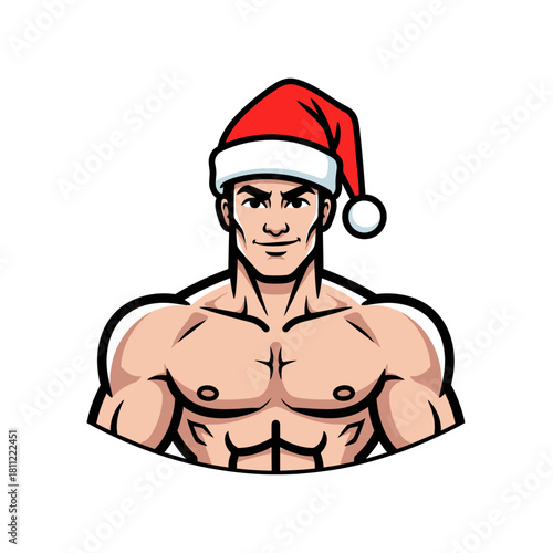 Festive Fitness: A muscular man embodying holiday spirit and strength with a Santa hat