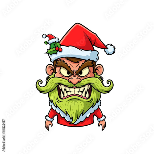 Grumpy santa illustration with angry expression and vibrant green beard holiday cheer