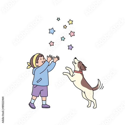 A child's whimsical game with a jumping dog and cascading pastel star shapes celebration