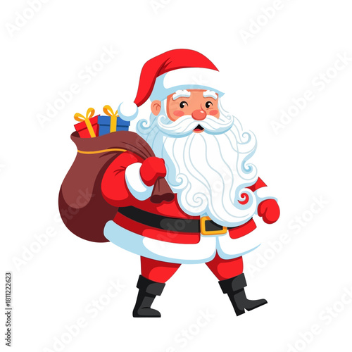 Animated santa claus character walking with gift sack on his shoulder holiday cheer