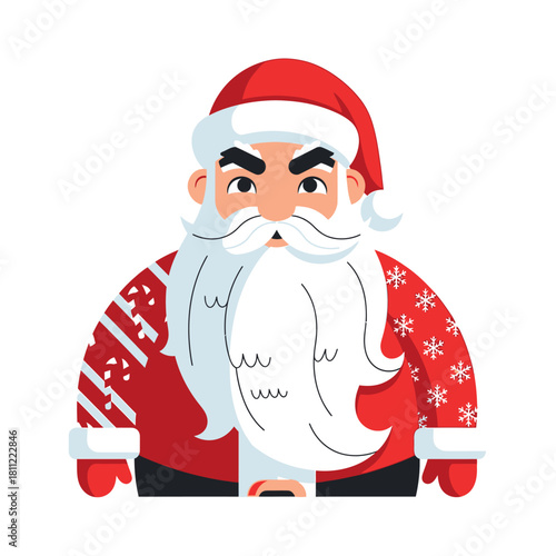 Cartoon depiction of a Santa Claus character with a stern expression and Christmas attire