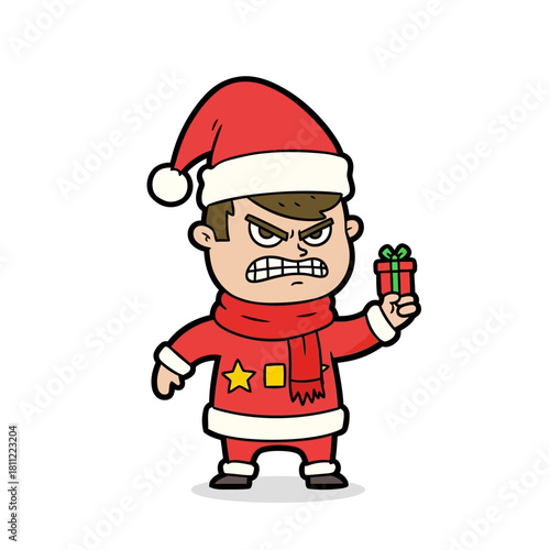 Grumpy Santa Claus character, festive attire with a stern expression holding a tiny gift