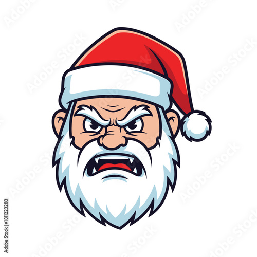 Cartoon depiction of a grumpy santa claus head with intense expression design