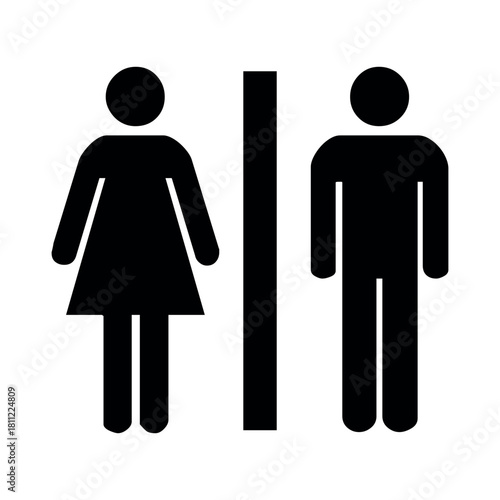 A black and white restroom sign with a woman and a man separated by a black vertical line symbol