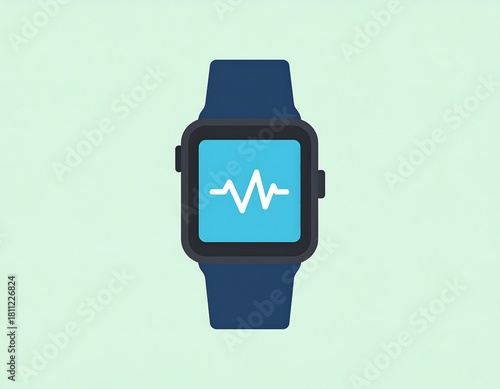 Graphic illustrating a wrist-worn tech device, featuring a square screen displaying a heartbeat waveform on a blue surface