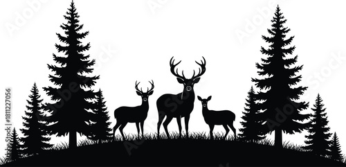 Deer family silhouette with stag and young buck in pine forest, nature landscape vector illustration, wild animal art.