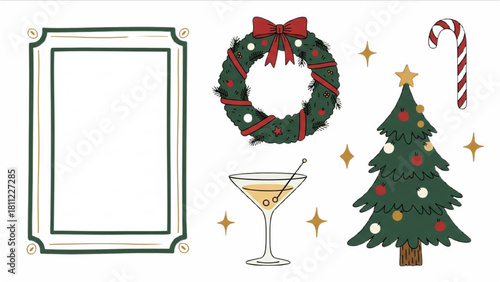 A vintage-style collection of hand-drawn Christmas celebration elements and icons