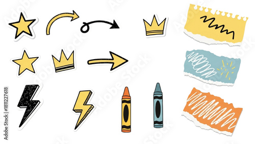 Hand-drawn elements Arrows, stars, crowns, lightning bolts, crayons and torn paper