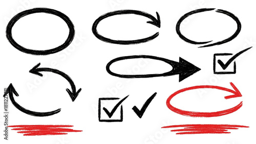Hand-Drawn Arrows, Checkmarks, and Circles on White Background - Visual Elements
