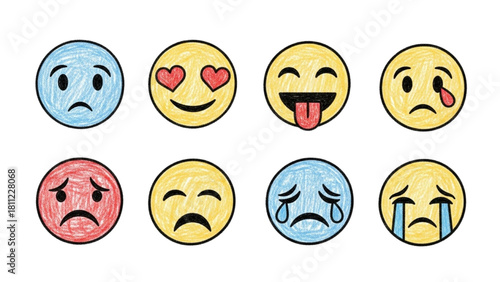 Collection of hand-drawn emoji faces showcasing a diverse range of human emotions and expressions with a childlike crayon style