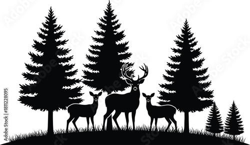 Deer family silhouette with stag and trees, pine forest nature landscape, wild animal vector illustration, black and white art.